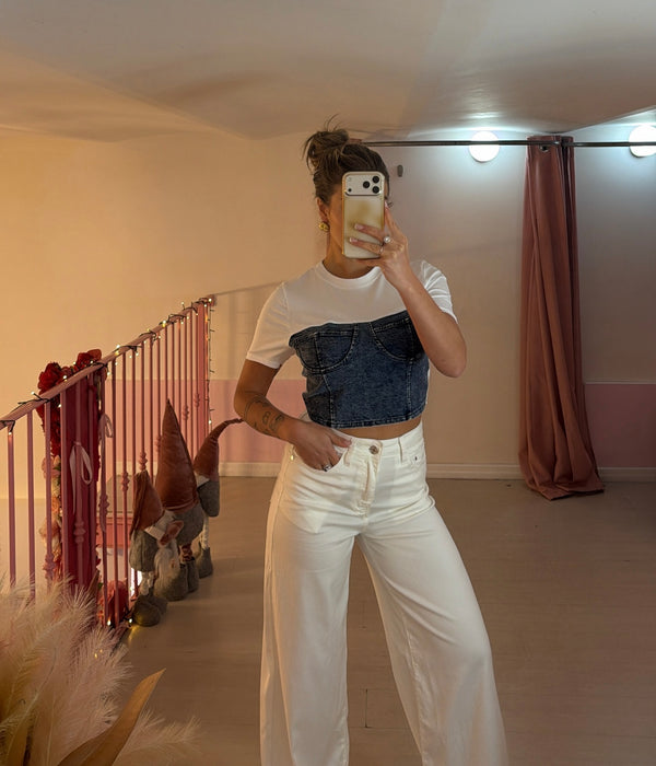 T-shirt con corsetto denim
